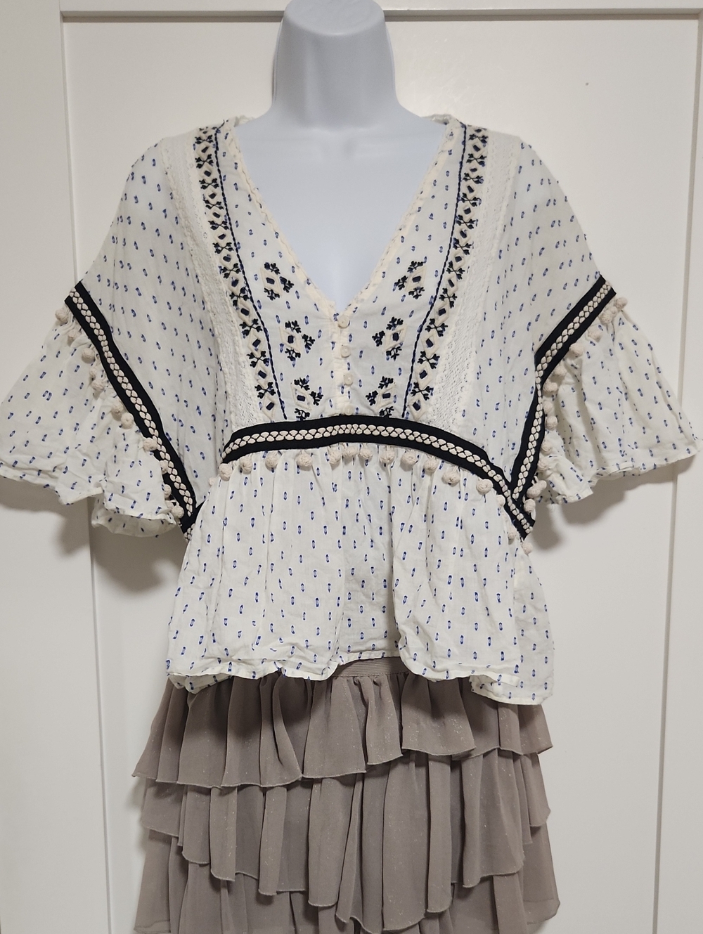 Zara Cream Peasant Blouse with Navy Embroidery and Trim
